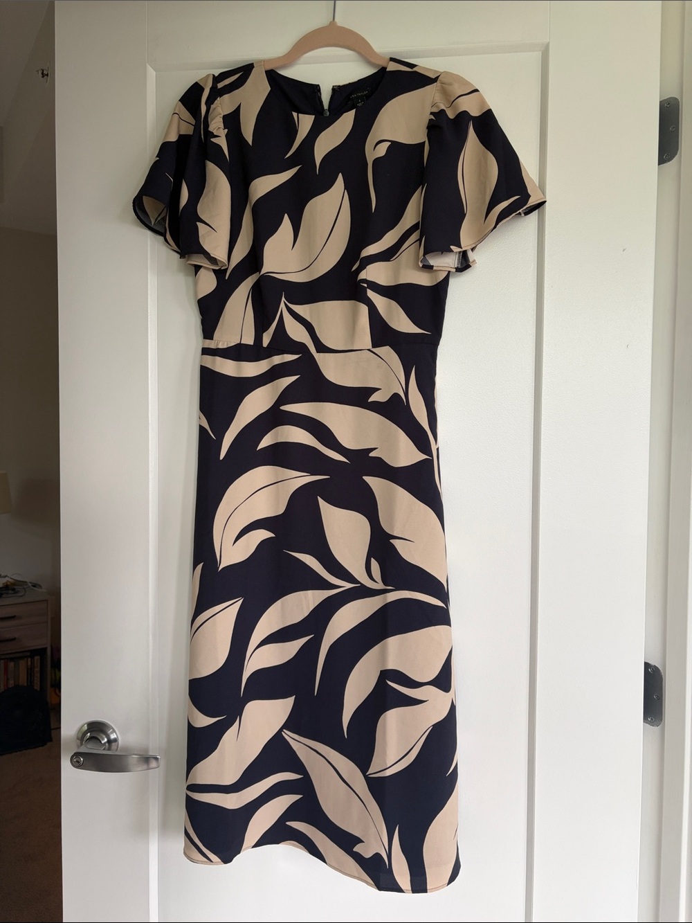 Ann Taylor Black and Beige Leaf-Print Midi Dress